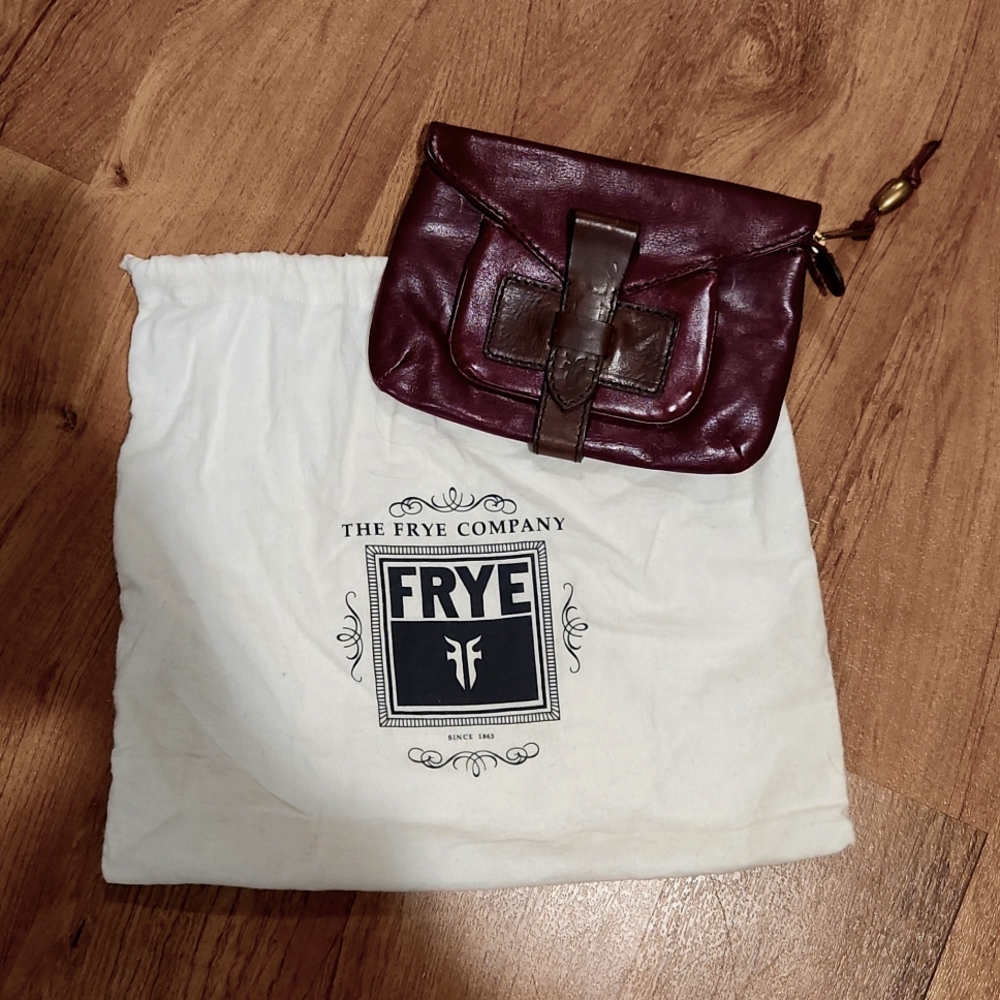 Frye clutch/wristlet with duster, burgundy/brown.